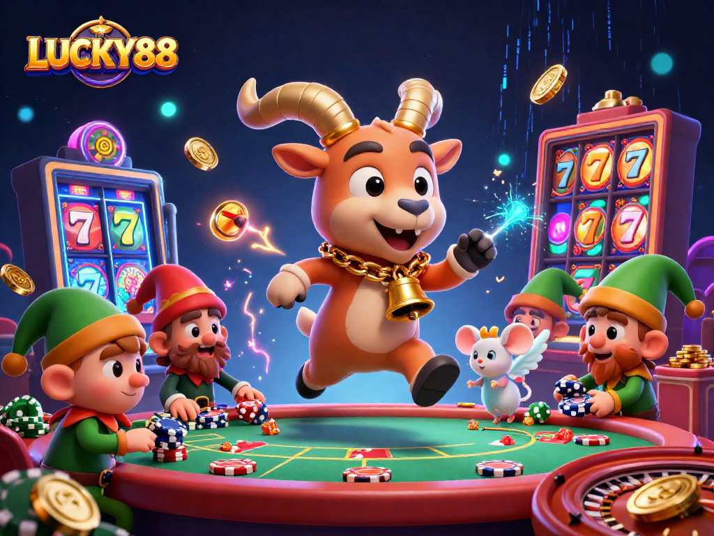 Play thrilling games with LUCKY88 at a vibrant casino, showcasing winning slots and dynamic characters.