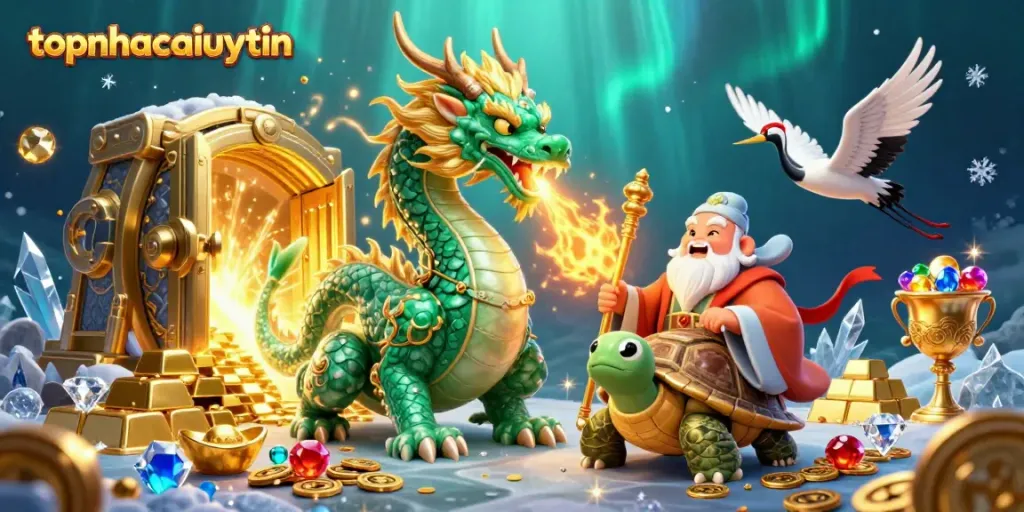Engage with topnhacaiuytin's captivating dragon theme in a vibrant casino setting filled with treasures.