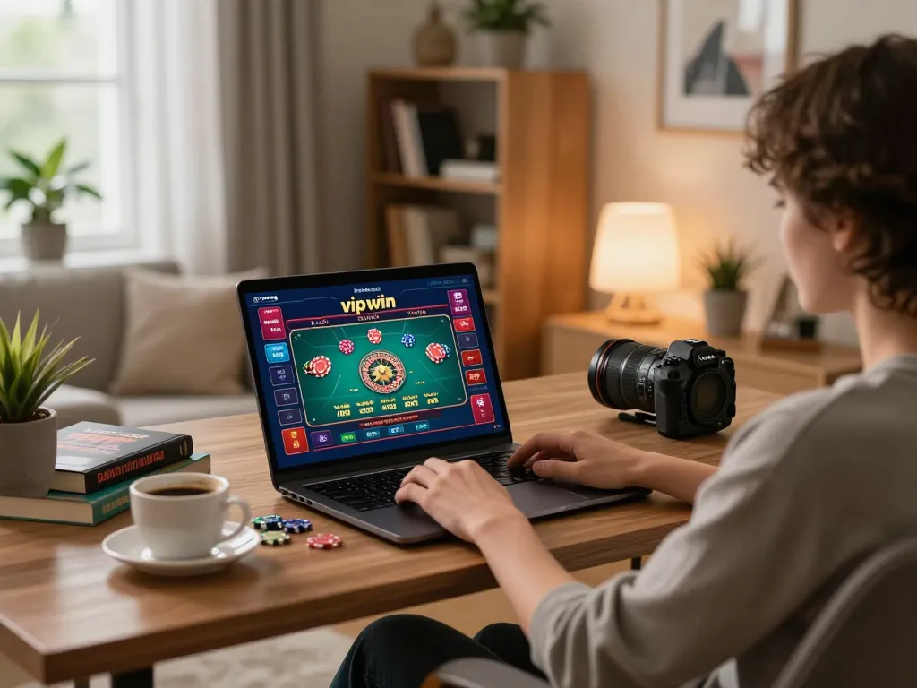 Engaging in online gambling strategies on vipwin platform at a cozy home setup.