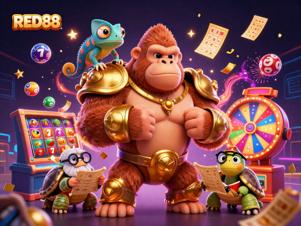 Experience the thrill of RED88's games with a dynamic casino illustration featuring a powerful gorilla king and colorful gaming elements.