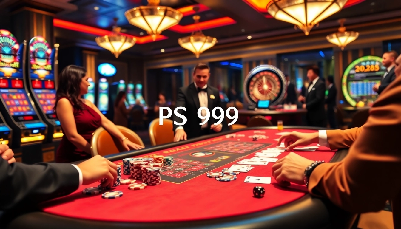 Exciting gambling scene at PS 99 casino with poker players and slot machines.