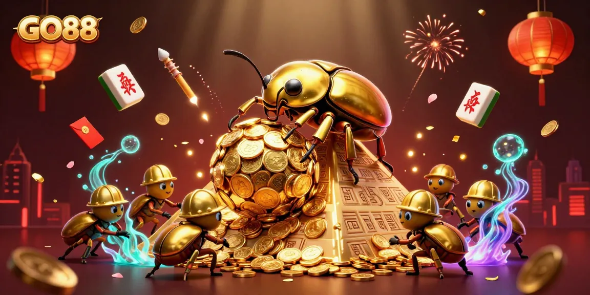 Win big at GO88 with vibrant casino-themed 3D illustration featuring playful beetles and golden coins.