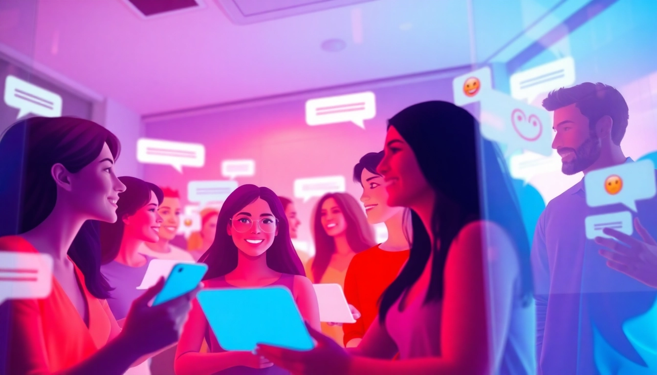 Immersive digital chat room scene illustrating vibrant sex chat conversations with diverse participants.