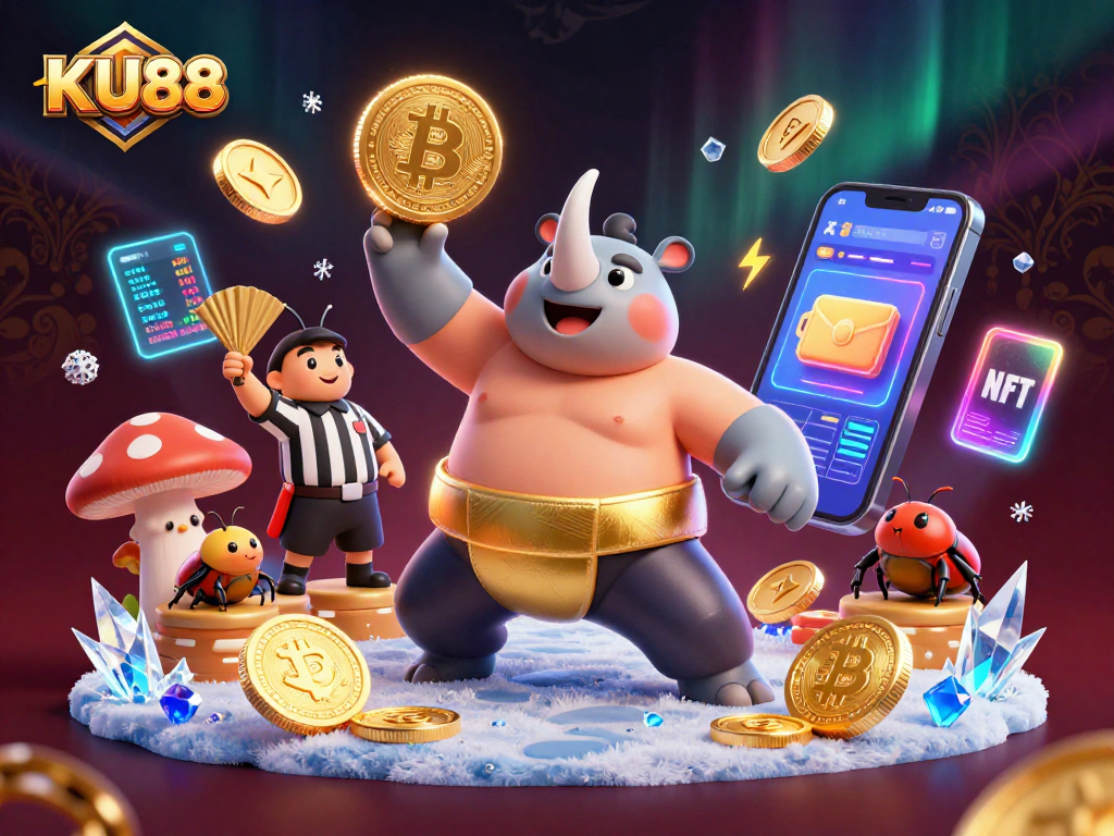 Engage with the vibrant KU88 casino scene featuring a champion rhinoceros beetle amidst flying coins and crypto elements.