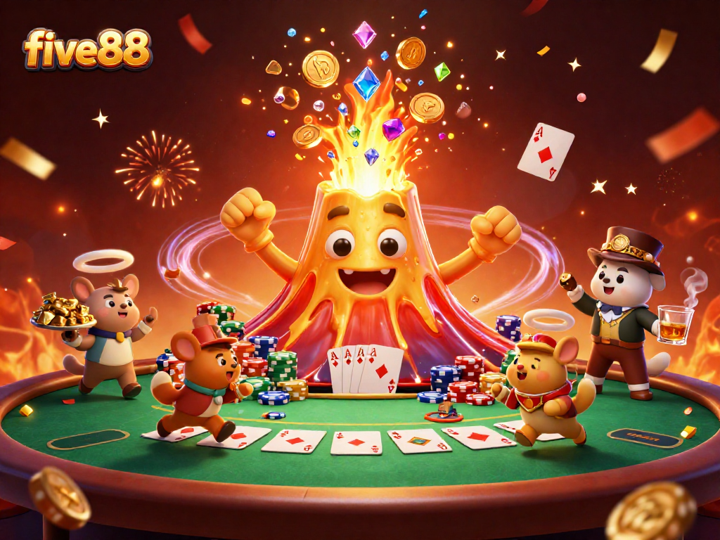 Experience excitement at five88 with a golden volcano showering treasures, poker elements, and a festive atmosphere.