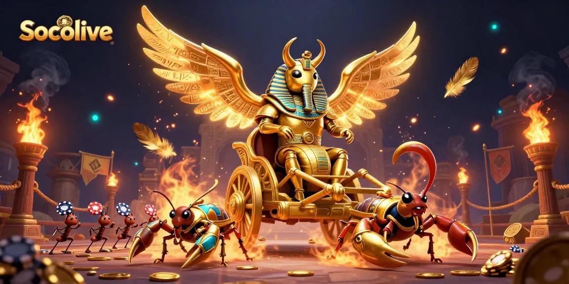 Socolive features an epic chariot scene with a golden scarab and scorpions, embodying online gaming excitement.
