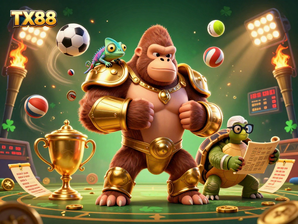 TX88 showcases a powerful gorilla king and allies in a packed sports betting scene.