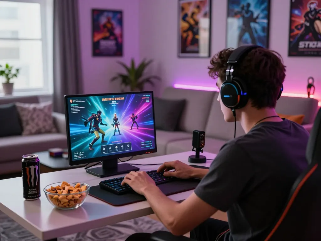 Gamer immersed in mind control porn game on laptop in lively living room setting.