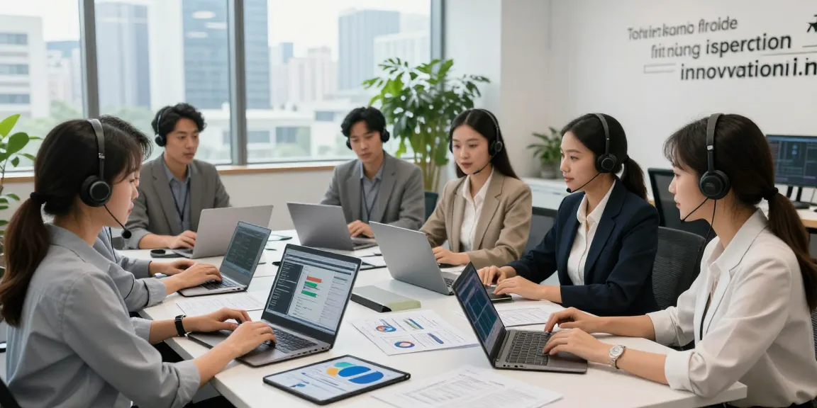 IT support businesses team analyzing solutions together in a modern office environment with laptops and analytics dashboards.
