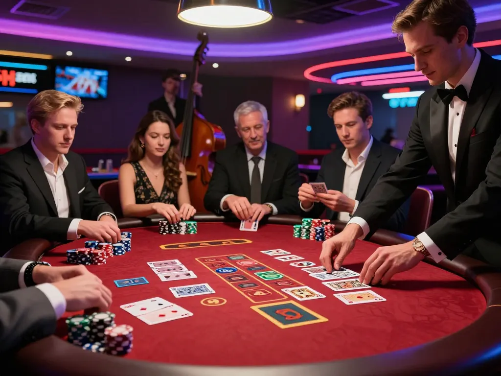 Players engaging in strategic blackjack gameplay at 98win. com casino table under vibrant neon lights.