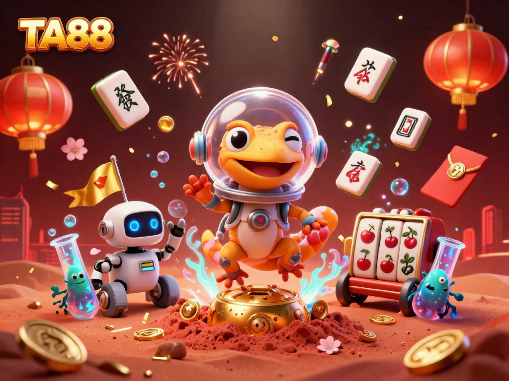 TA88's Martian gecko explores a golden casino on Mars, surrounded by vibrant gaming elements.