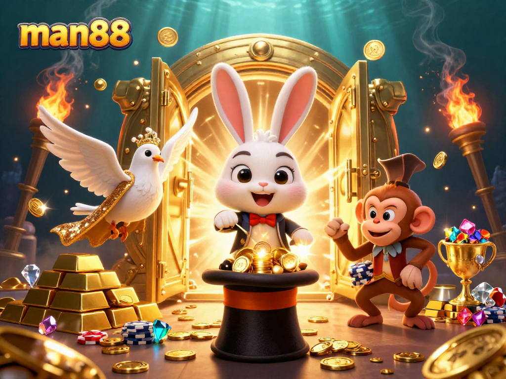 Engage in thrilling gaming experiences with man88 at a vibrant casino scene featuring magical elements.