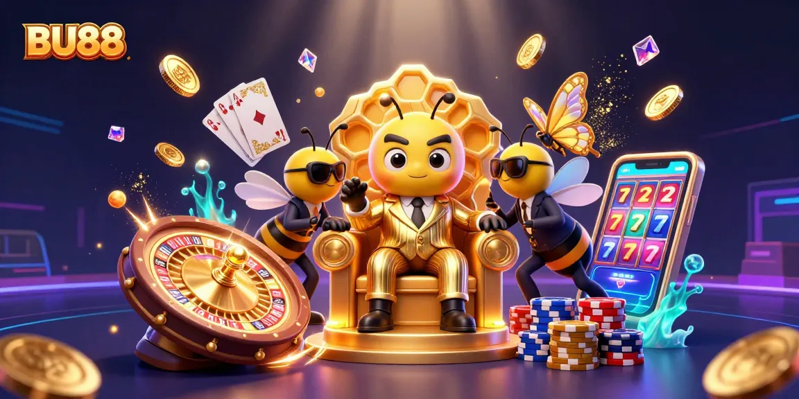 Experience the excitement of BU88 with a 3D bumblebee mob boss surrounded by riches in a casino setting.