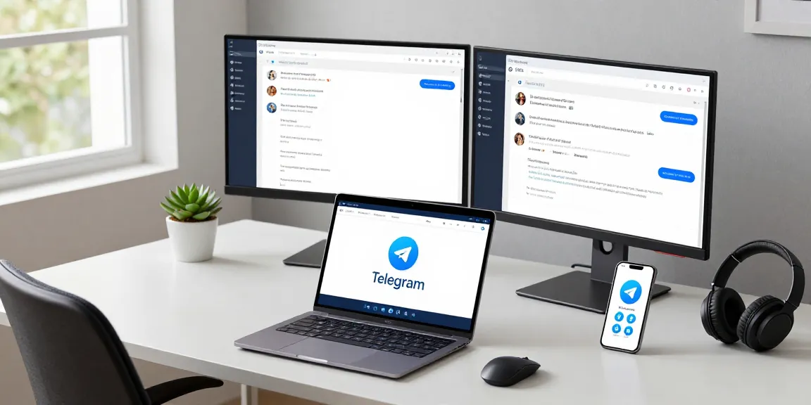 Using the Telegram web version on a sleek laptop at a modern workspace with dual monitors.