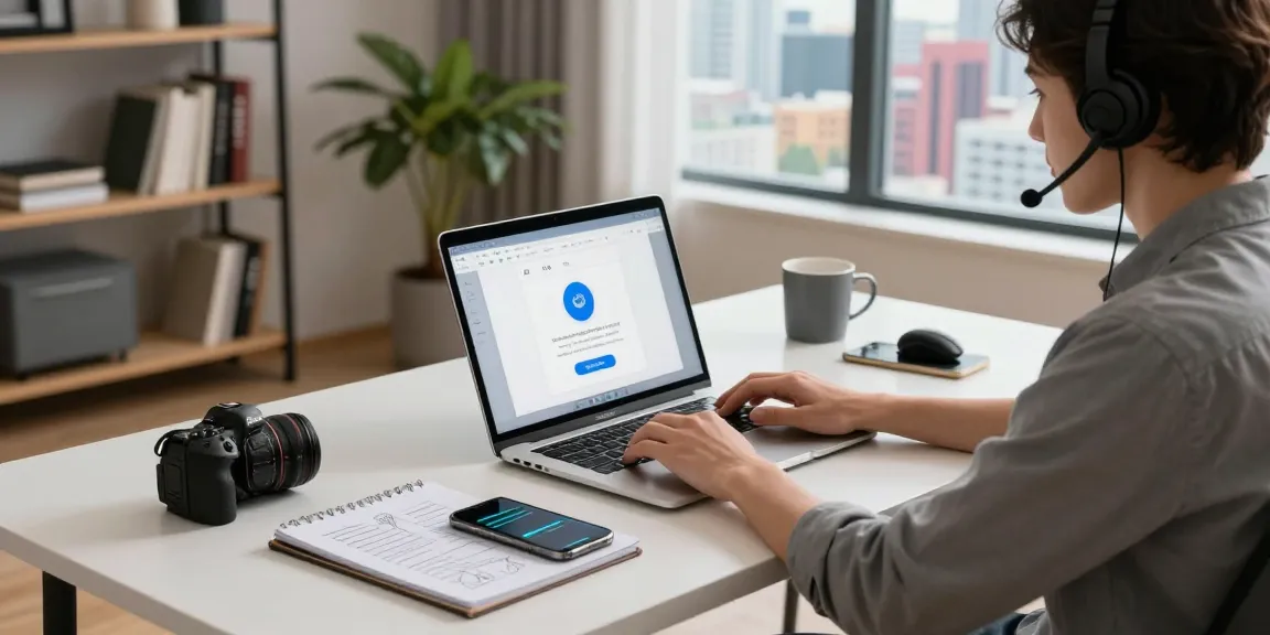 WPS Download in a modern home office with a focused user on a laptop, organized desk, and city view.