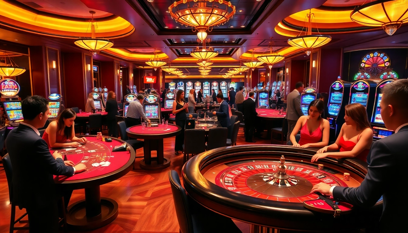 Players enjoying table games and slot machines at HAY 88 casino, showcasing excitement and luxury.