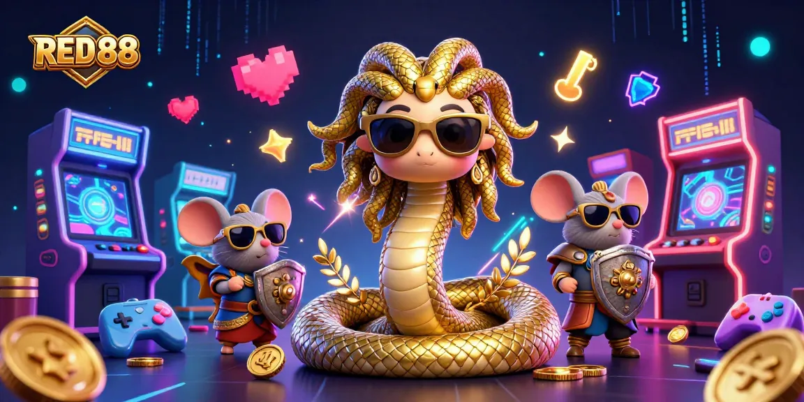 Experience immersive gaming excitement with RED88 slots and arcade elements in a vibrant 3D illustration.