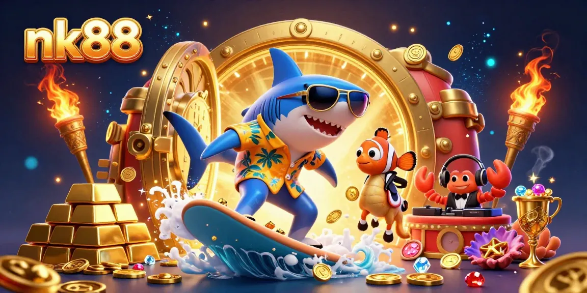 Experience winning opportunities at nk88 with vibrant casino-themed characters amidst gold treasures.