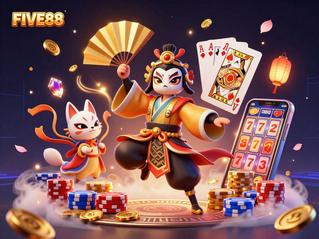 Engage with FIVE88’s vibrant casino scene showcasing kabuki characters among golden winnings and gaming icons.