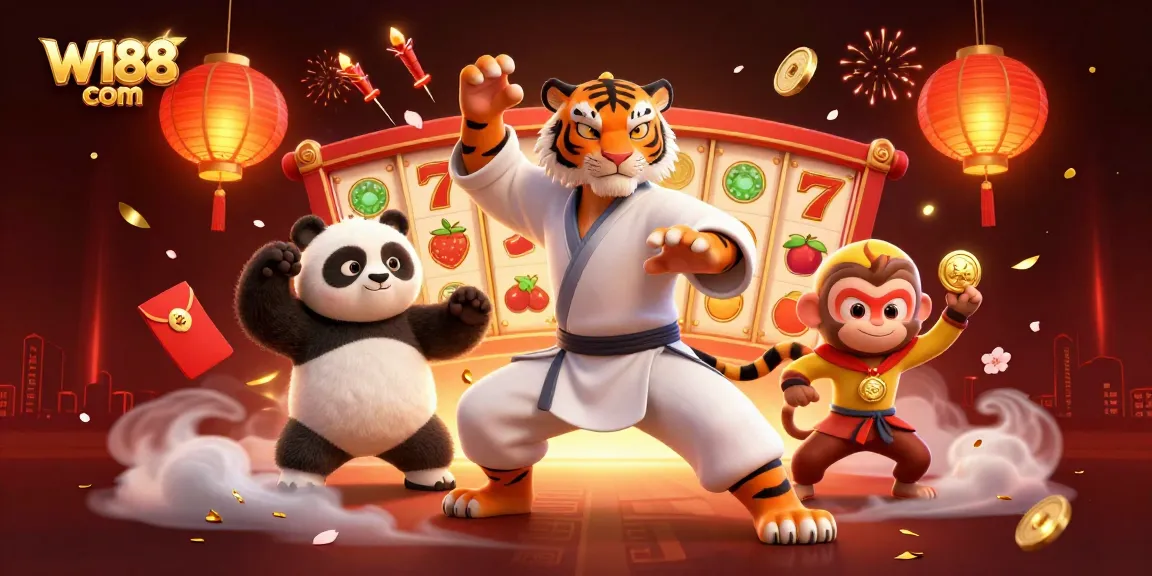 Experience the vibrant excitement of W188 com with kung fu tiger and playful characters in a dynamic casino scene.