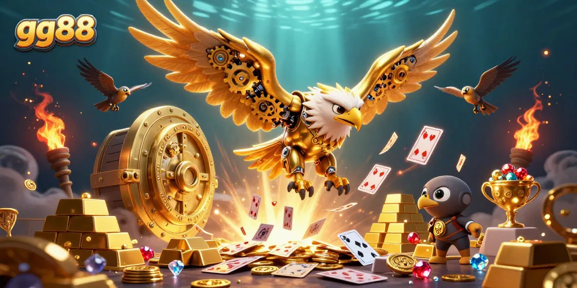 Experience thrilling gameplay at gg88 with a dazzling scene of a cybernetic eagle amid glowing treasure.