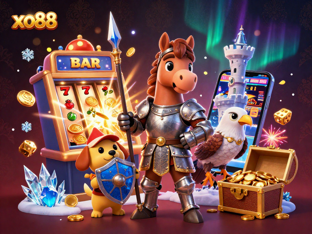 Experience excitement at xo88 with a knight, squire, and falcon in a colorful jackpot explosion.