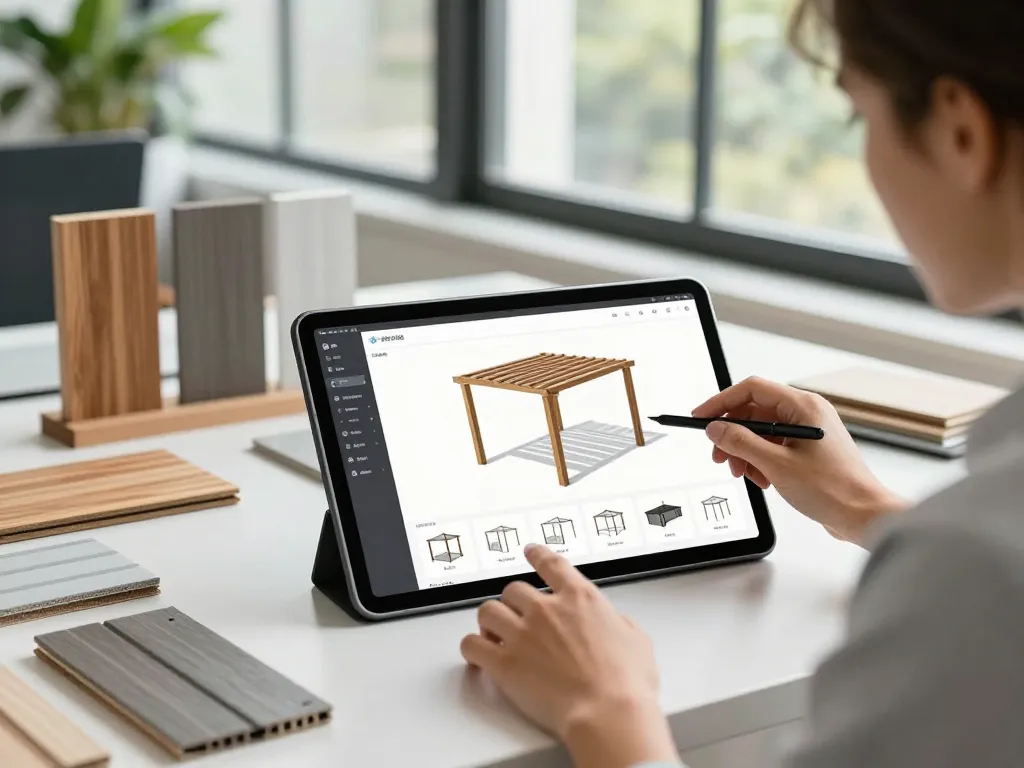 Scena coinvolgente di un software configuratore pergole in azione con un designer che personalizza un modello di pergola su un tablet digitale in un vivace spazio di lavoro.