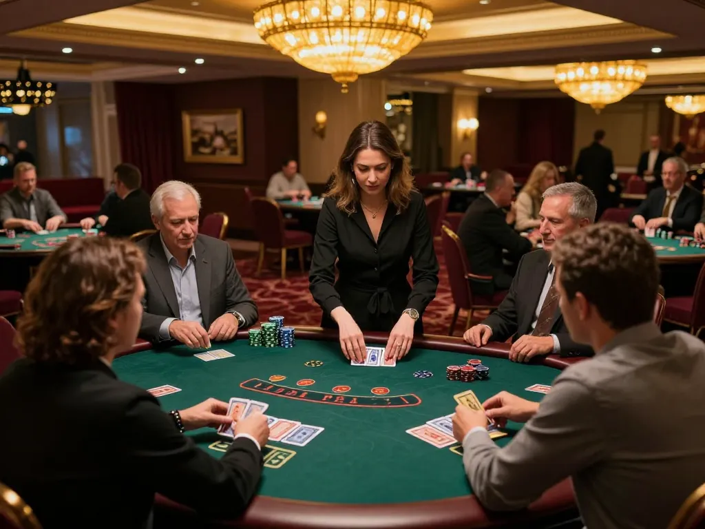 Players at a Jun88 blackjack table focusing intently on their cards while the dealer deals, showcasing an exciting casino atmosphere.