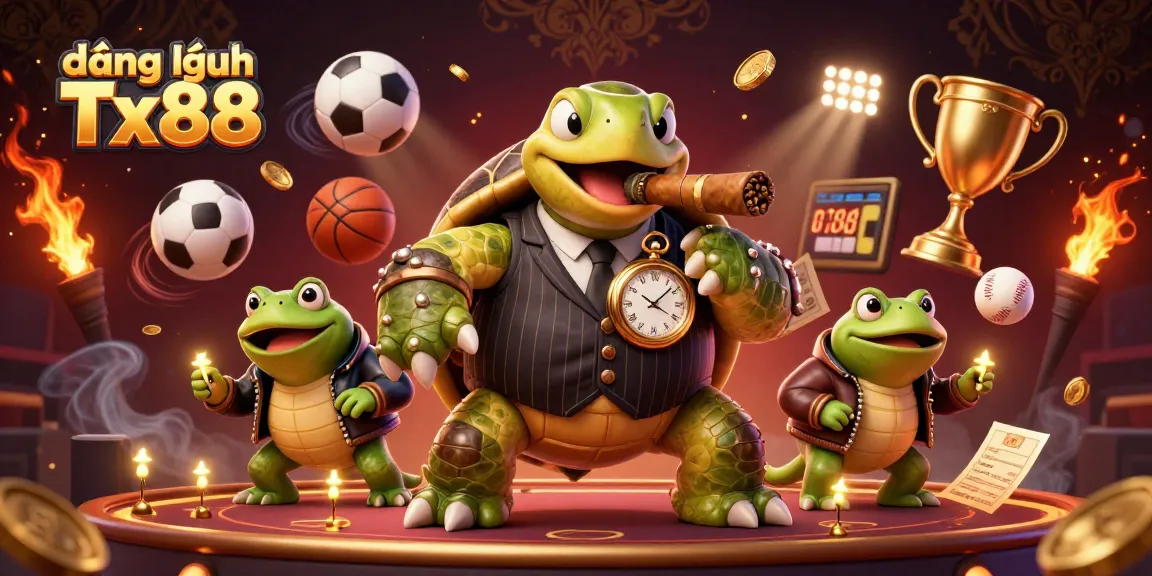 Experience the thrill of đăng nhập Tx88 with an energetic casino scene featuring a snapping turtle and bullfrogs.