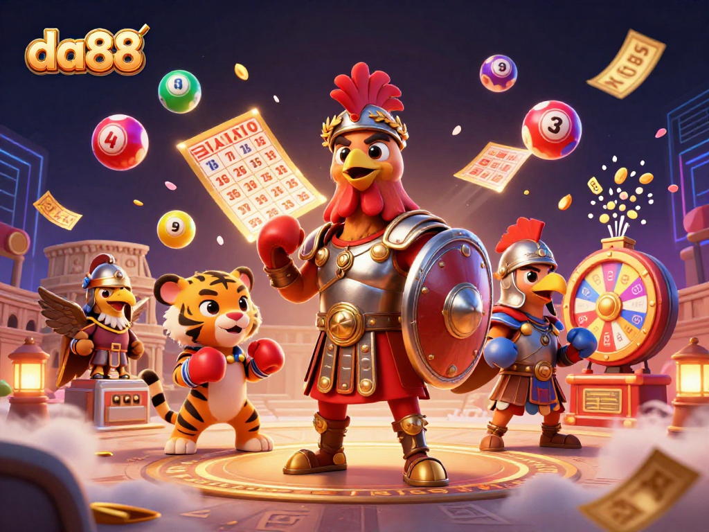 Engage with da88's thrilling lottery excitement featuring vivid game elements and a vibrant 3D cartoon scene.