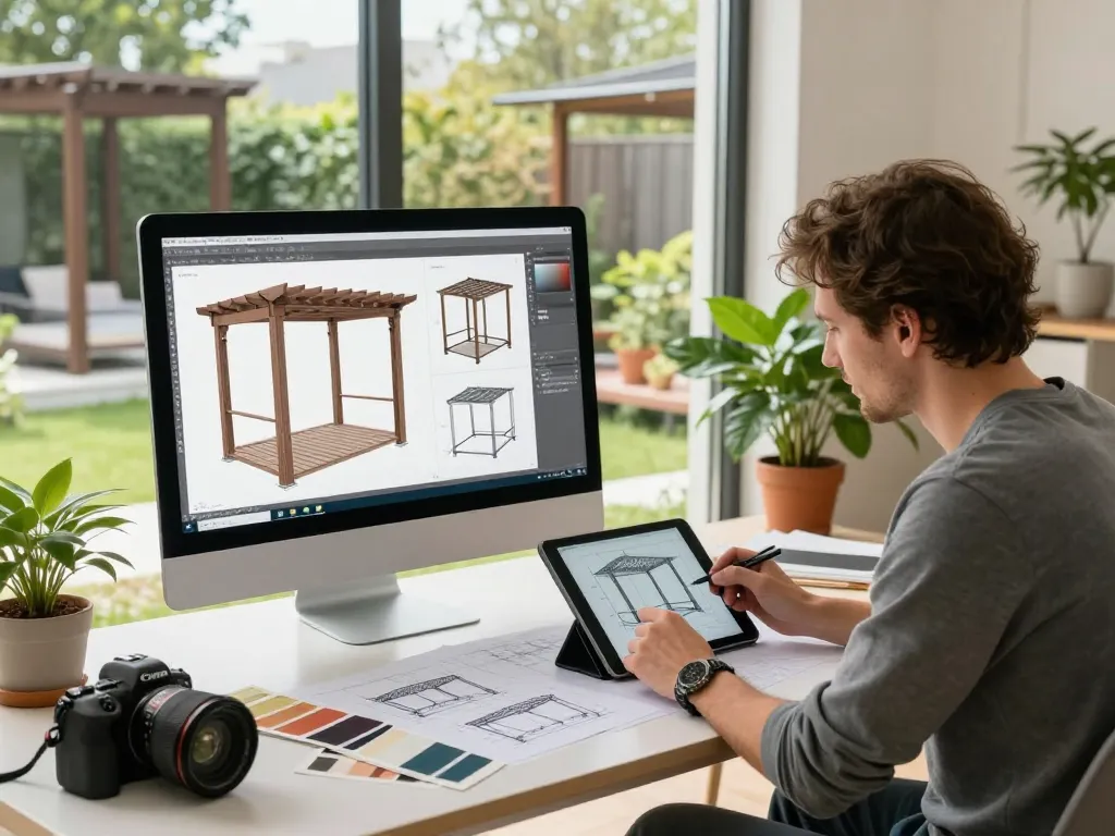 Custom pergola design using software configuratore pergole in a contemporary outdoor studio.