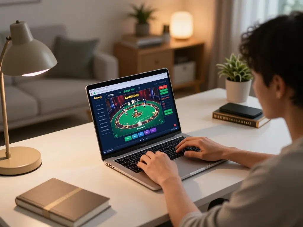 Kuwin đăng nhập on a laptop during an online poker game in a cozy home setting