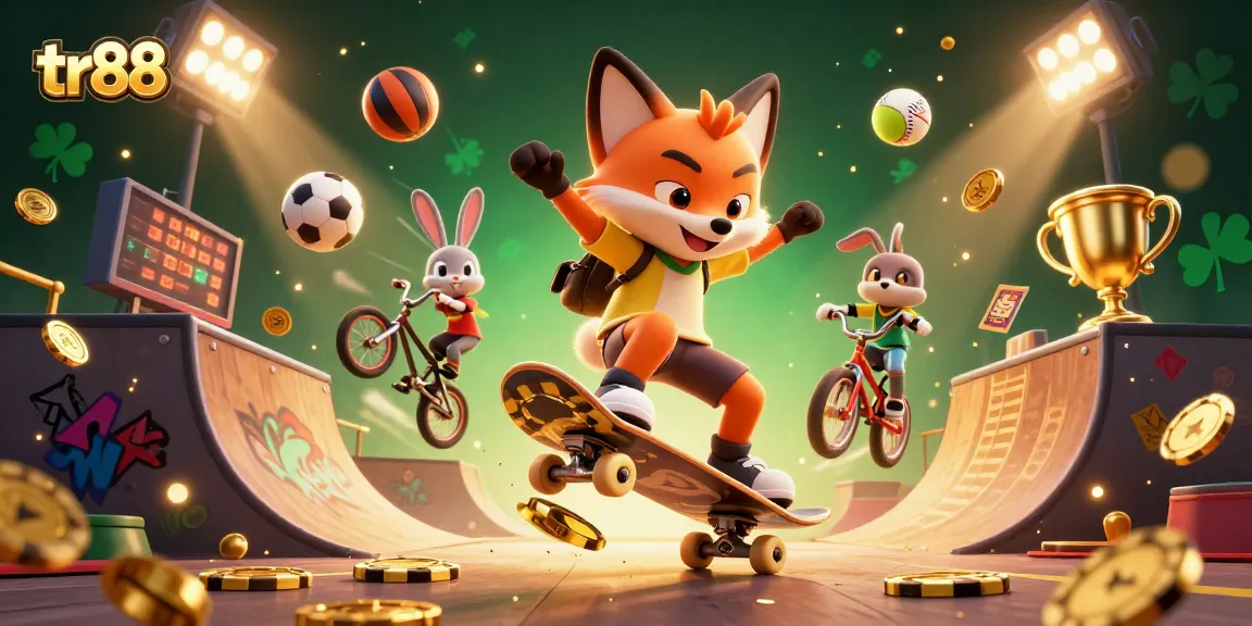 Experience dynamic gameplay with tr88, featuring a skateboarder fox and BMX rabbit in a casino-themed scene.