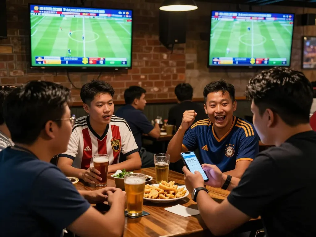 Excited patrons placing bets on nhà cái bóng đá 388bet at a lively sports pub with live football matches on screen.