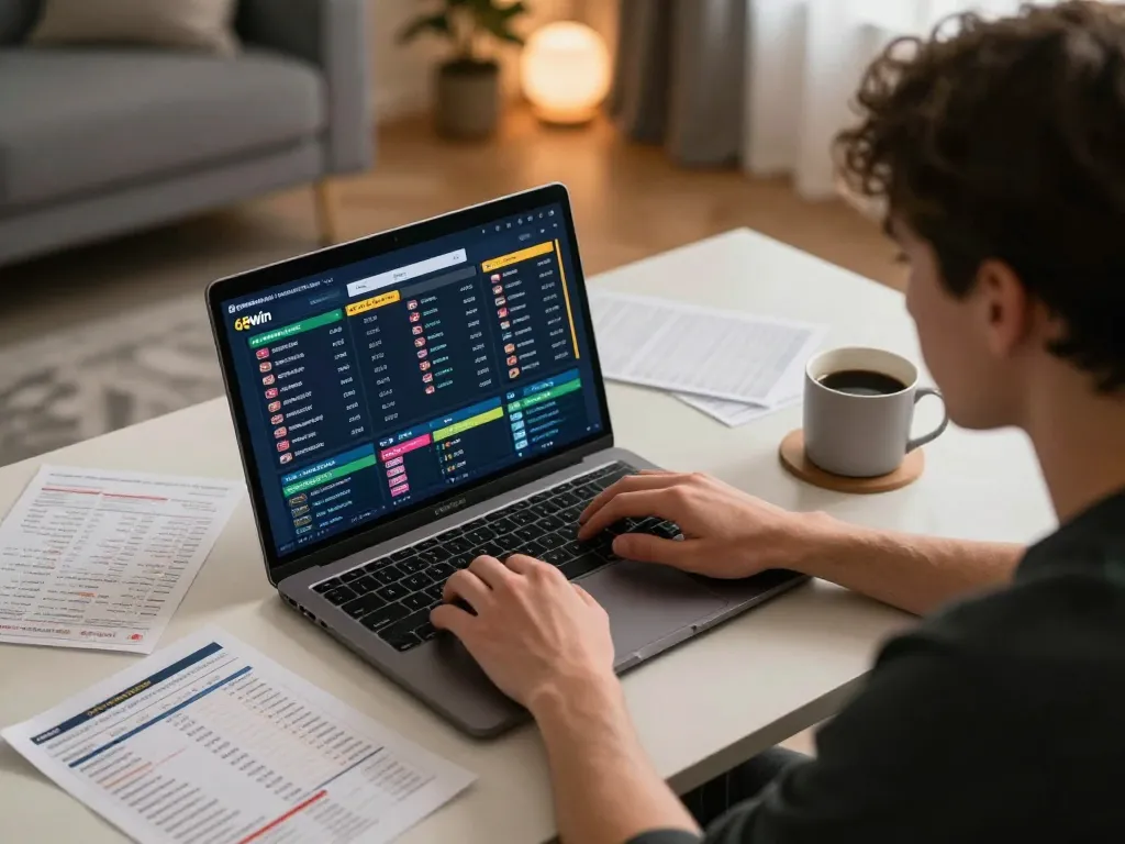 Engaging in sports betting through 68win on a laptop in a modern workspace, emphasizing strategic gameplay.