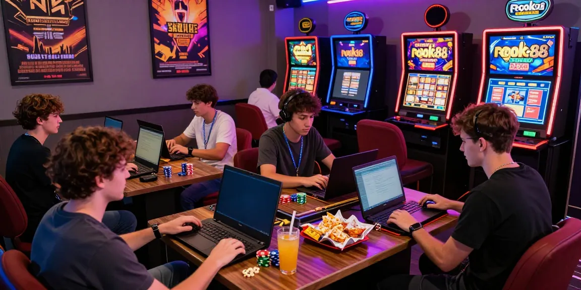 Players immersed in rokok88 slot gaming in a vibrant lounge.