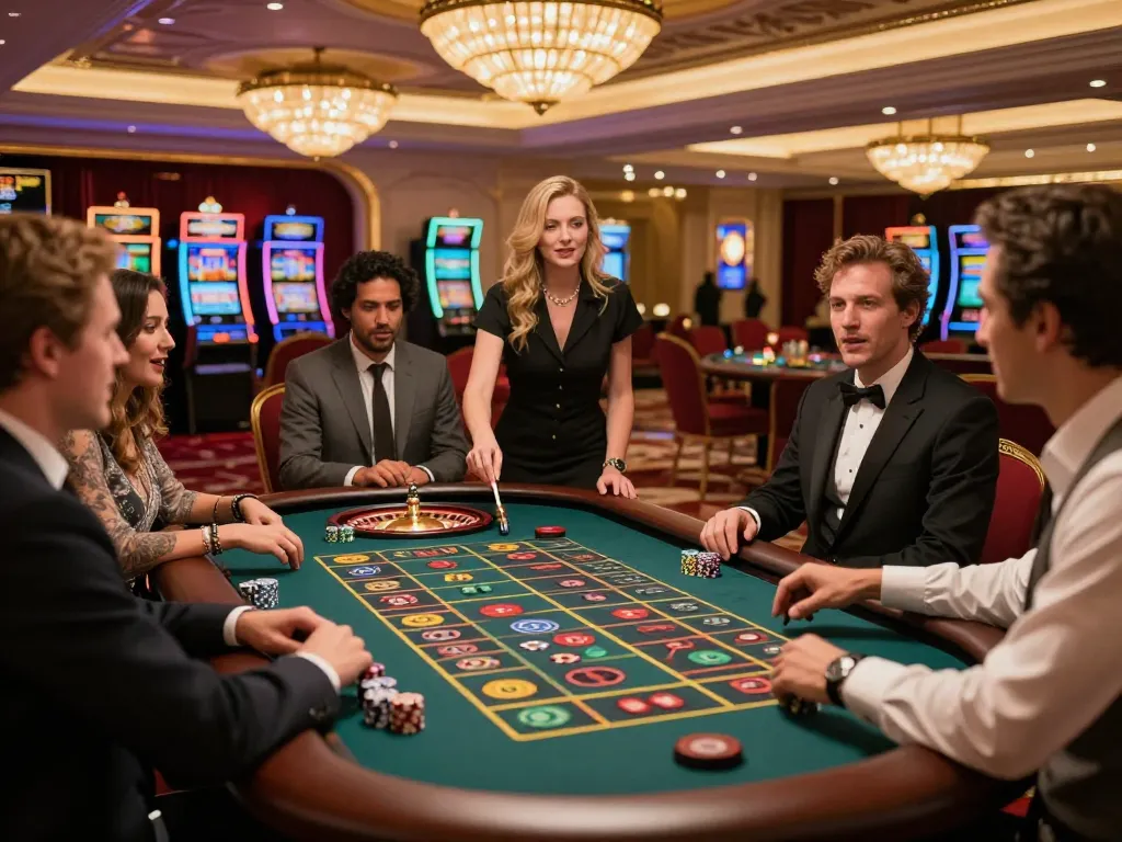 Engaging roulette game scene with players eagerly placing bets at cm88z's luxurious casino.