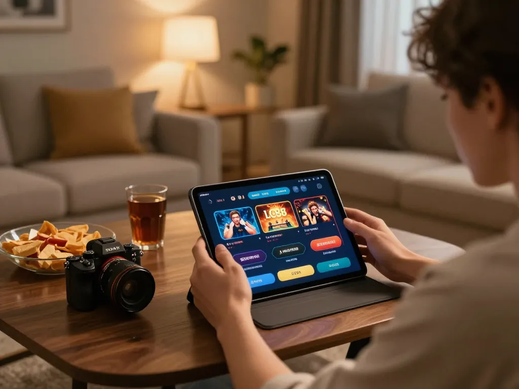 Engaging with LC88 online casino app on a tablet in a cozy gaming setup.