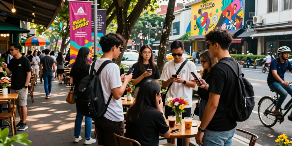 Socializing Jakarta street scene showcasing rokok88 lifestyle and trendy fashion.