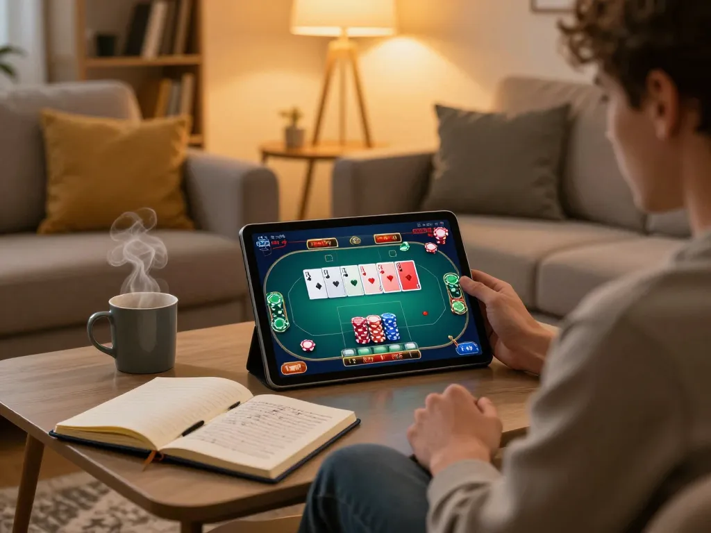 77WIN player enjoying a winning moment on poker game interface on tablet in cozy living room