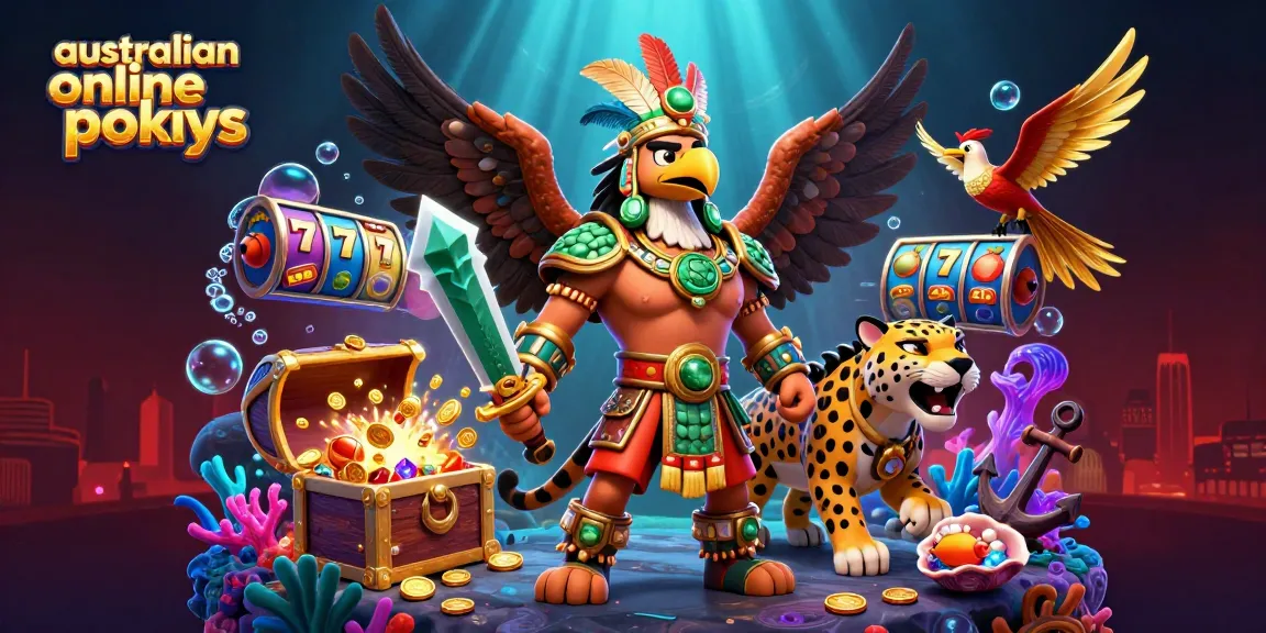 Experience thrilling australian online pokies action with vibrant characters and game elements in this captivating illustration.