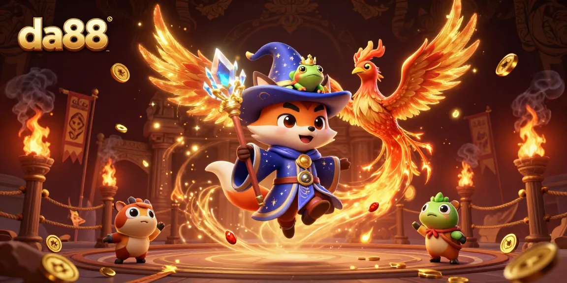 Engage with da88 casino magic through an enchanting scene of a mystical wizard fox and phoenix.