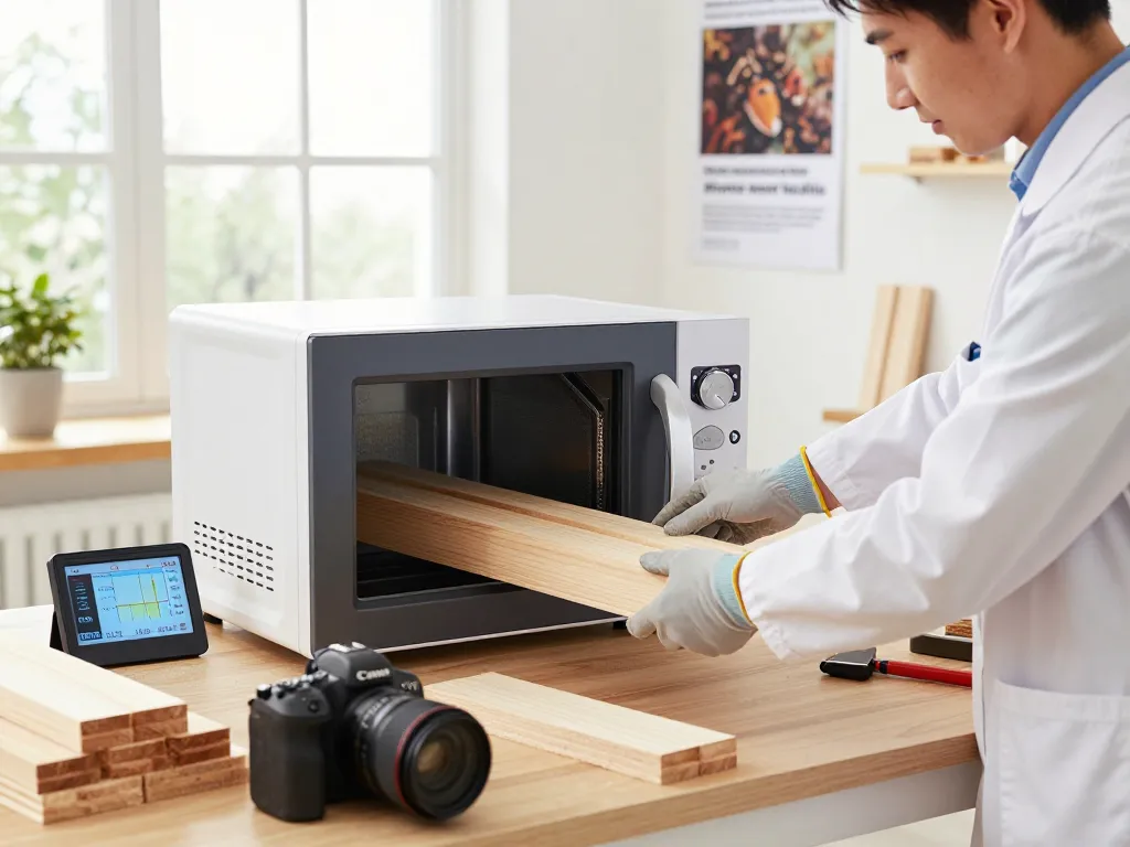 Dimostrazione del dispositivo microonde antitarlo in un laboratorio di controllo dei parassiti, che mostra un trattamento efficace per il legno.