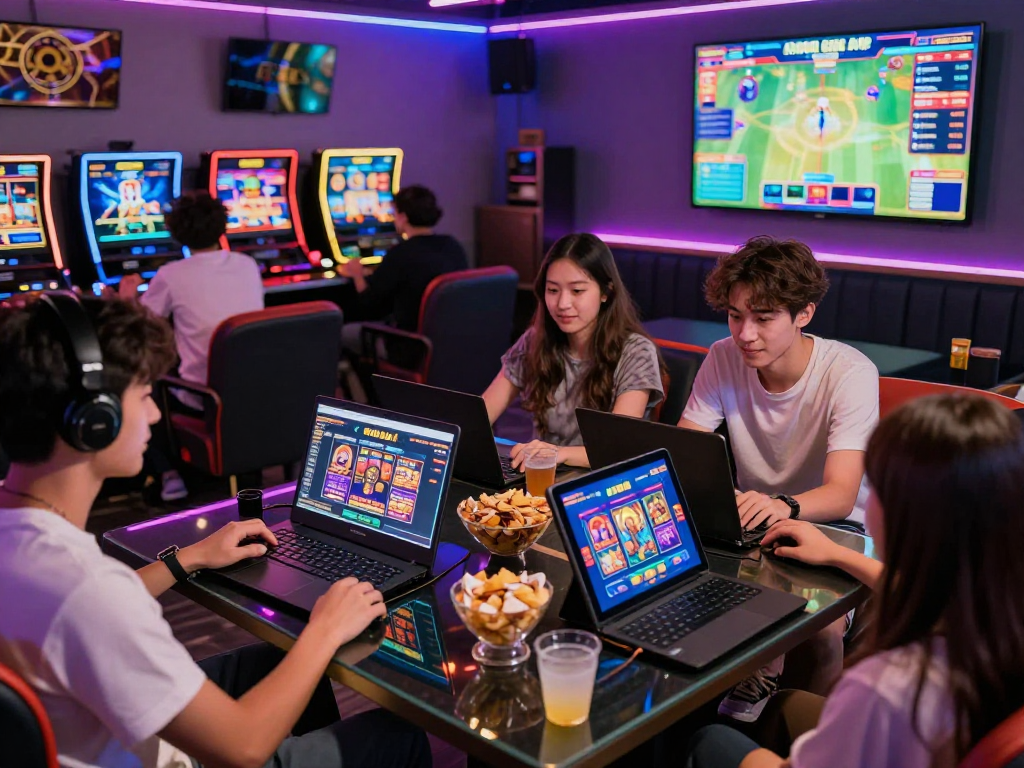 Engaged gamers enjoying slot88 apk in a vibrant gaming lounge.