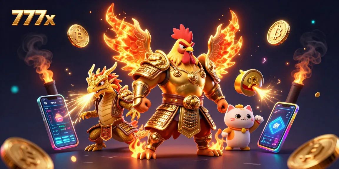 Engage with 777x's action-packed gaming scene featuring unique characters and vibrant digital elements.