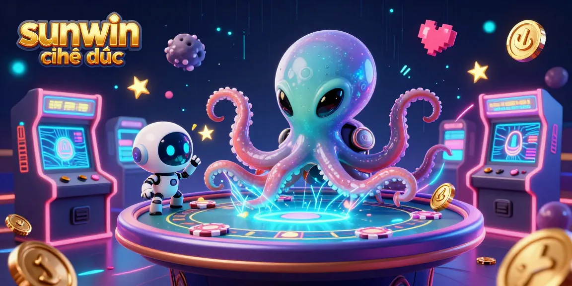 Immerse in the world of sunwin chính thức, featuring an alien octopus at a holographic poker table amidst dynamic gaming elements.