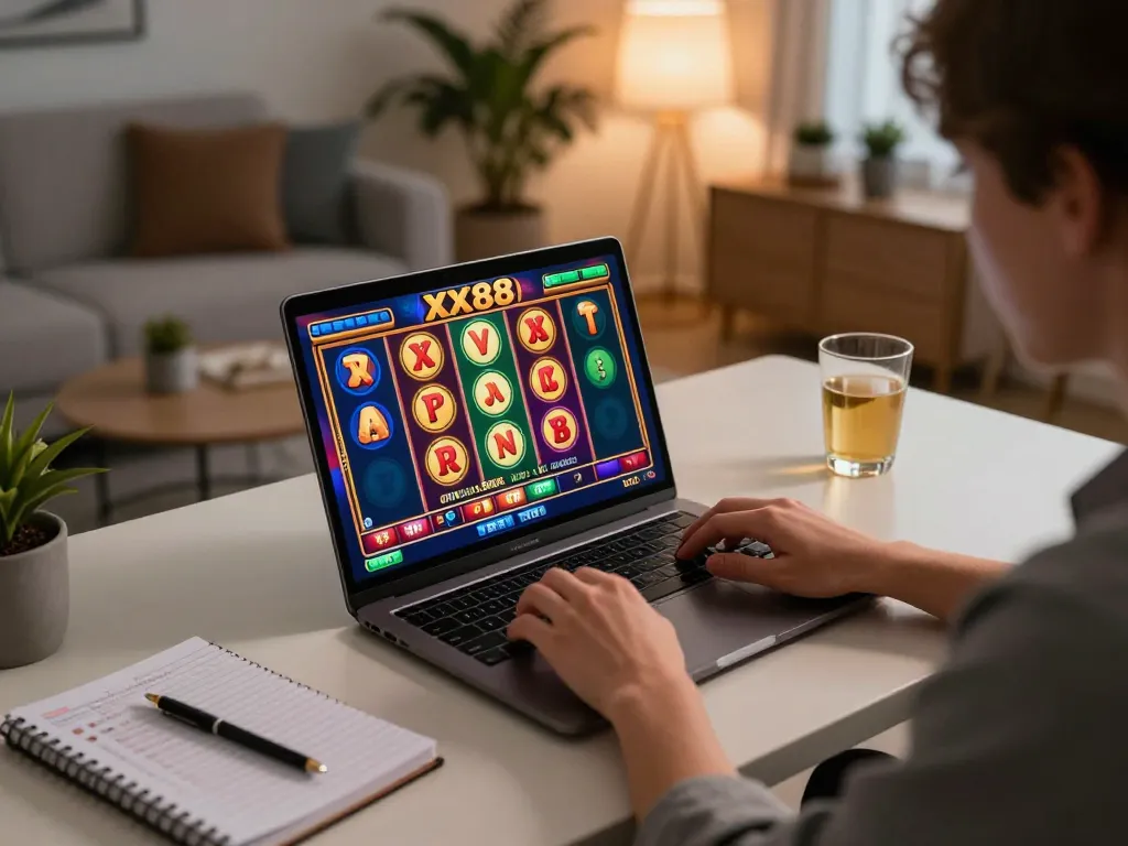 Player engaging in online slots at home, showcasing the excitement of xx88's gaming experience.