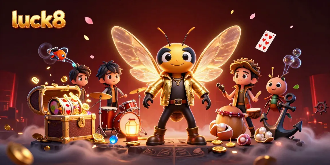 Join the exhilarating action at luck8 with a 3D cartoon scene of a cicada rockstar, performers, and dynamic casino elements.