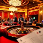 Experience the thrill of gambling at 33win.education with players enjoying roulette and poker games in a luxurious casino setting.