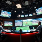 Dynamic scene of sports broadcasting with hosts presenting games live, highlighting Sports Broadcasting.
